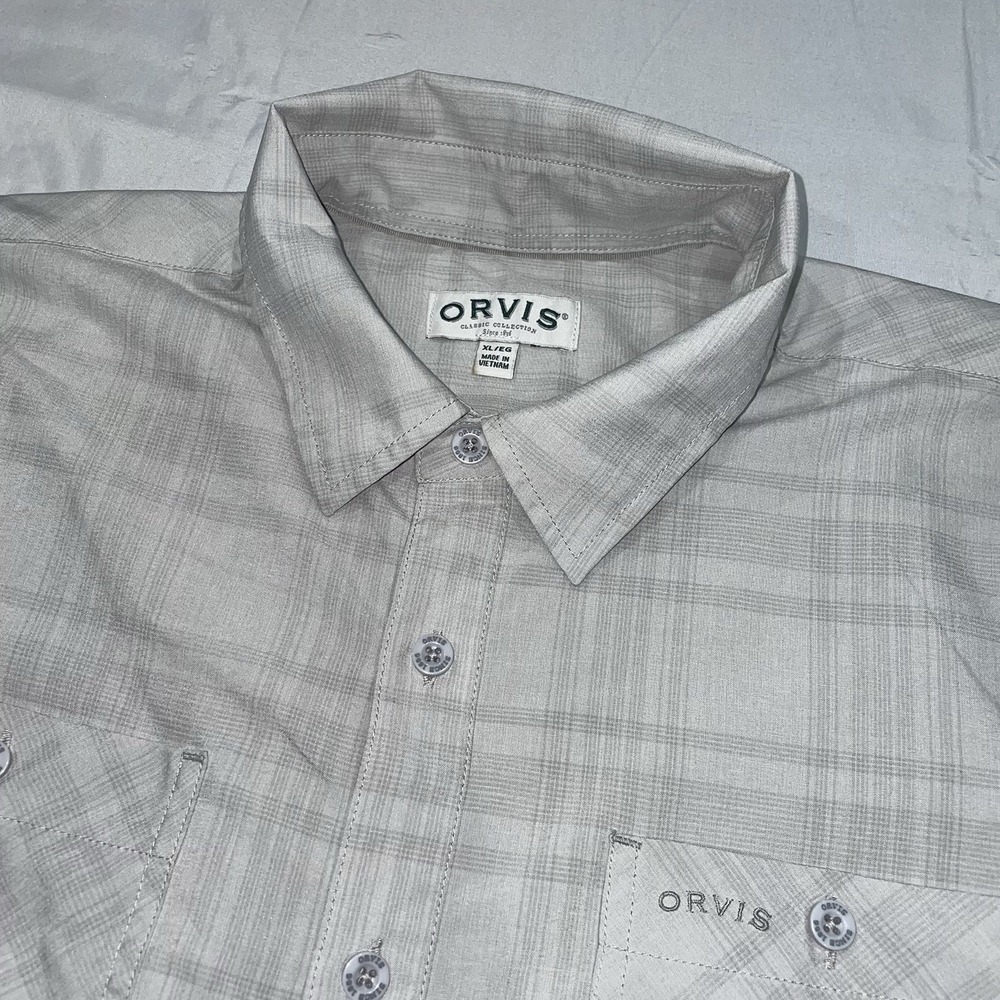 Orvis Tech Work Shirt Mens Extra Large Gray Performance Short Sleeve Plaid